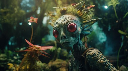 A mysterious alien with piercing red eyes and a menacing spikey tail lurks among the vibrant coral reef, its otherworldly presence both captivating and terrifying the inhabitants of the underwater aq