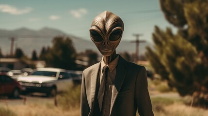 A person in a suit and tie, standing amidst a field of grass, gazes in awe at the sky filled with ufos and extraterrestrial creatures, their vehicle abandoned as they become one with the wild and mys
