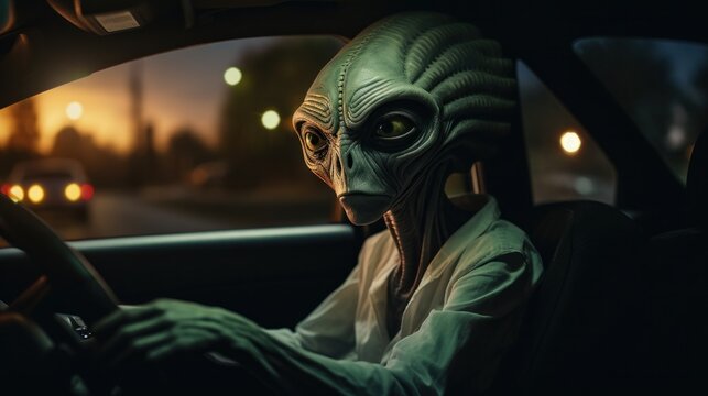 An extraterrestrial creature disguised in a human mask drives a ufo-shaped car, evoking a sense of otherworldly wonder and mysterious adventure