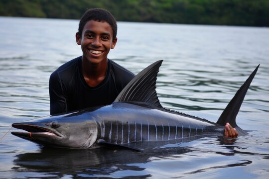 a young man holding his new dorsal fin