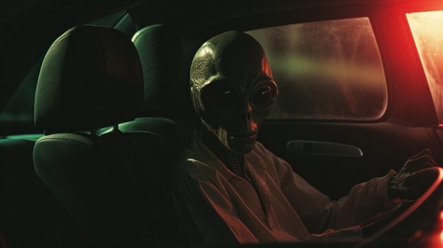 A mysterious figure, concealed by a mask, sits in the driver's seat of a car as they navigate through the city, their reflection in the rearview mirror distorted by the bright lights of a ufo hoverin