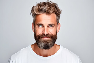 Obraz premium Brutal bearded man with pleasant look with European appearance on white isolated background. 