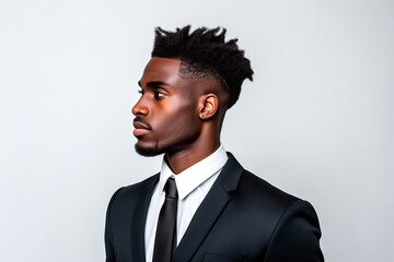 Successful young man in classic suit with African appearance on white isolated background