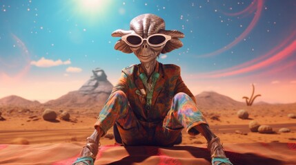 A stylish extraterrestrial lounges on a blanket in the desert, his shades reflecting the otherworldly sky as his ufo hovers above the rugged mountains, a cartoonish monster beside him, all under the 