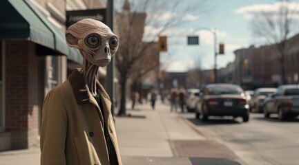 A monstrous extraterrestrial statue stands on a bustling city sidewalk, its ufo-like vehicle looming over the buildings as people stare up at the sky, wheeling cars and bustling streets forgotten in 