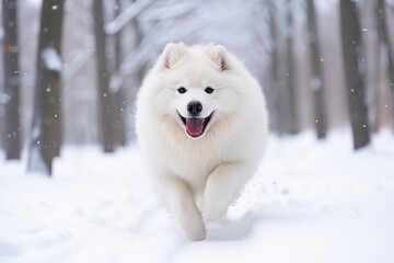 A Samoyed dog runs through the snow in the forest