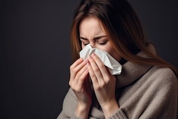 Sick and uncomfortable woman with tissue, suffering from illness, possibly flu or allergies. - obrazy, fototapety, plakaty