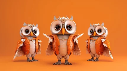 Foto auf Alu-Dibond  three little owls standing next to each other on an orange background with one looking at the camera and the other looking at the camera with two big eyes.  generative ai © Shanti