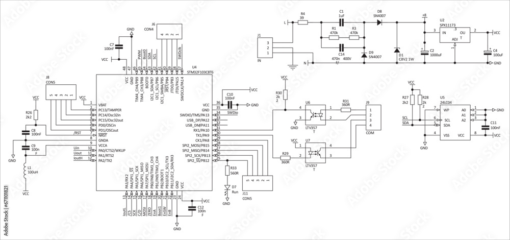 Poster schematic diagram of electronic device. vector technical drawing electrical circuit with led, integr