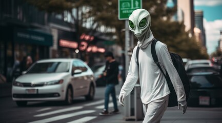 A mysterious figure in an alien mask roams the city streets, evoking a sense of otherworldly wonder...