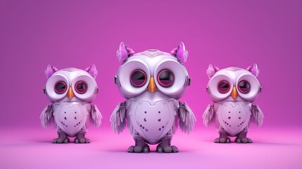  three owls are standing in a row on a pink background with a pink background and a pink background with a pink background and a pink background with a pink background.  generative ai