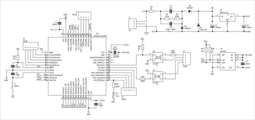 Fototapeta premium Schematic diagram of electronic device. Vector technical drawing electrical circuit with led, integrated circuit, capacitor, resistor, optocoupler, microcontroller chip and other electronic components