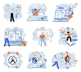 Fototapeta premium Stress at work vector illustration. The stress at work metaphor sheds light on emotional toll and strain caused by work related stressors Balancing work and personal responsibilities is crucial
