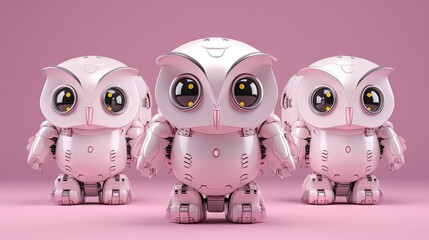  a group of three little robots standing next to each other on a pink background with a pink background and a pink background with a pink background.  generative ai