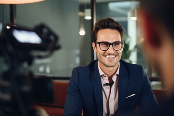 Fototapeta premium Confident and successful businessman in corporate office exuding happiness and leadership with a cheerful smile during an interview.