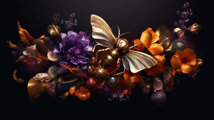 a bunch of flowers and a butterfly on a black background with a black background and a black background with a gold butterfly and purple flowers.  generative ai