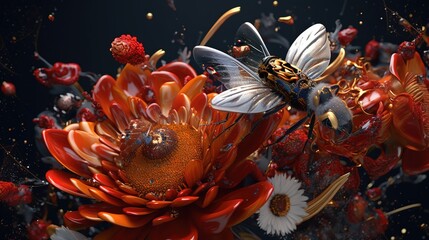  a close up of a flower with a bee on top of it and a bug on the bottom of the flower and a bug on the bottom of the flower.  generative ai