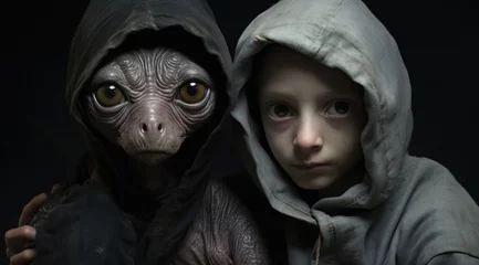 Fotobehang An unexpected bond forms between a curious child and a mysterious extraterrestrial, both donning hoodies as they explore the unknown world of monsters and ufos together © mockupzord