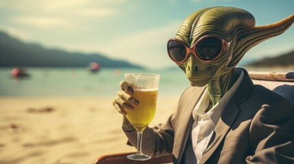 A humanoid creature in a sleek suit, sporting yellow sunglasses and sipping on a drink, gazes up at the sky with a mix of wonder and fear as a ufo hovers over the tranquil beach, its extraterrestrial - obrazy, fototapety, plakaty