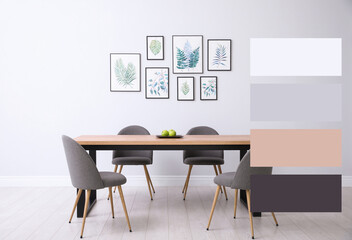 Stylish dining room with furniture. Color palette matching to this interior design