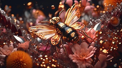  a gold and black insect sitting on top of a bunch of pink and yellow flowers on top of a black surface with gold flecks.  generative ai
