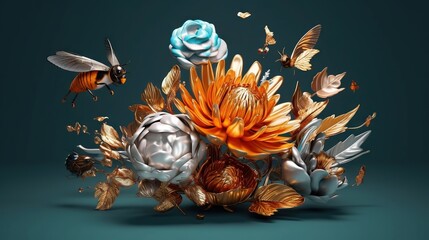  a bunch of flowers and some bees flying around them on a blue background with a black background and a blue background with a white and orange flower.  generative ai