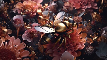  a bunch of flowers that are next to a bee on a flower stem in the middle of the picture is a bee on a flower stem.  generative ai - obrazy, fototapety, plakaty
