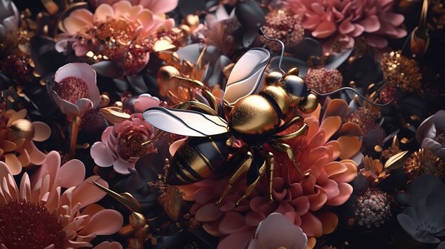  a bunch of flowers that are next to a bee on a flower stem in the middle of the picture is a bee on a flower stem.  generative ai