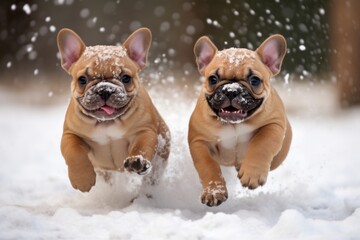 Playful and Cute French Bulldog Enjoying the Winter Snow while Wearing a Festive Christmas Hat.