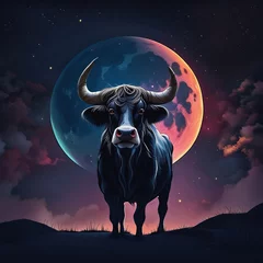 Deurstickers Bull and moon At night © Faris