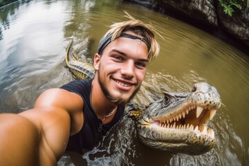 shot of a young man taking selfies with an alligator during a rescue operation