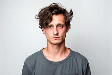 Obraz premium Upset and hopeless young man with European appearance on white isolated background