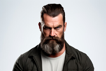 Obraz premium Brutal bearded man with stern and angry look with European appearance on white isolated background