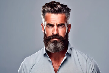 Obraz premium Brutal bearded man with stern and angry look with European appearance on white isolated background
