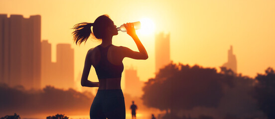 silhouette of woman running in the morning through the city park on her back with symptoms of exhaustion drinking water and the sun shining on the horizon behind the bottle. sportsman drinking water