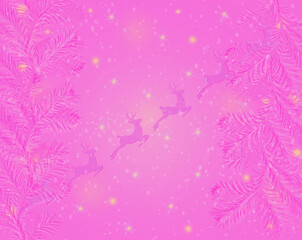 Christmas. Winter pink background. Wallpaper, postcard. Snow, deer.stars. New Year.