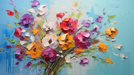 vibrant and colorful flower bouquet in a knife painting, ideal for adorning walls, banners, and Valentine's Day gifts.