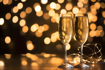 New Year toast champagne led lights, bokeh lights background