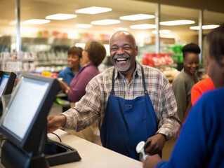 Fototapeta na wymiar A happy supermarket cashier at work
