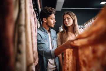 shot of a young couple looking at fabric together in a clothing store