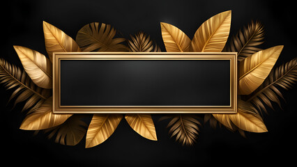 Luxury golden frame with golden tropical leaves.