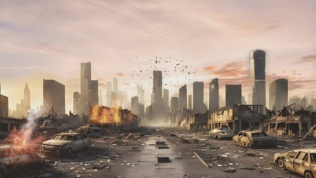 An image showcasing the desolation of a city post-war, with buildings in ruins and flames raging in the background. seamless looping 4K time-lapse virtual video animation background.