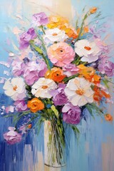 Vibrant and colorful knife painting featuring a flower bouquet, great for wall decor, banners, and Valentine's Day surprises.