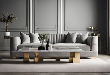 Gray fabric sofa and marble stone coffee table Hollywood regency style interior design - obrazy, fototapety, plakaty