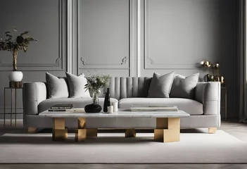 Fotobehang Gray fabric sofa and marble stone coffee table Hollywood regency style interior design © ArtisticLens