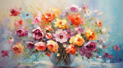 Painting of a vibrant and colorful flower bouquet, showcasing detailed palette knife textures, perfect for wall decor or creating seamless patterns.