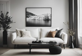 White sofa and black coffee table against white wall with art poster Scandinavian boho home interior