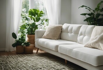 White sofa with plaid and cushions on knitted rug against of grid window between green houseplants 