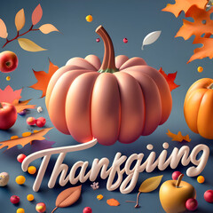 Realistic "Thanksgiving ” 3d text balloon effects, illustration for greeting cards, designed with 3d realistic pumpkins surrounded by autumn fall maple leaves. Generative AI. 3d vector illustration.