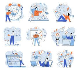 Busy employee vector illustration. The skillful employee manages workload without feeling overwhelmed Worried about meeting deadlines, employee works late into night The busy employees work